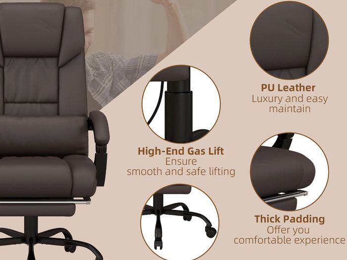 6-Point Massage Office Chair, PU Leather Desk Chair with Adjustable Height and Footrest for Home Office, Brown