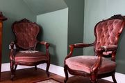 Pair of Vintage Carved Wood Button Back Armchairs