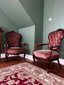 Pair of Vintage Carved Wood Button Back Armchairs