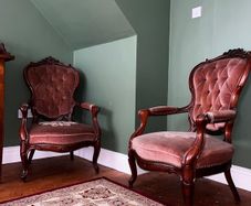 Pair of Vintage Carved Wood Button Back Armchairs