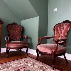 Pair of Vintage Carved Wood Button Back Armchairs