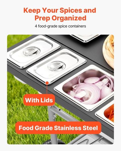Outdoor Grill Cart Grilling Table Movable Outdoor Cooking Table with 4 Spice Containers, Wheels, Lids, Hooks