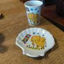 vintage ceramic cup and matching shell-shaped dish set featuring  cartoon yellow elephant "Sunny Funnies" Image 3