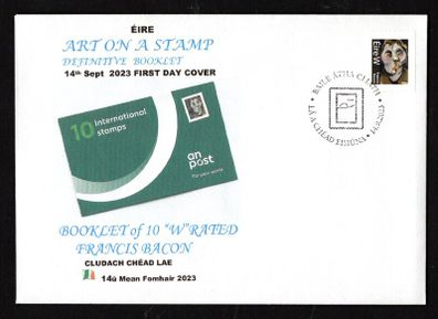 2023 Ireland Art on a Stamp N & W rate Definitive Booklet and Coil Stamp PaddyAchill First Day Cover (FDC) with Baile Atha Cliath (Dublin) pictorial cancel
