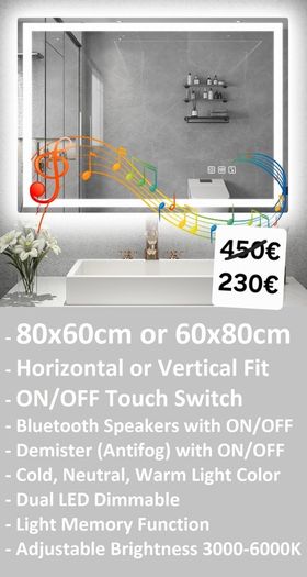 LED Bathroom Mirror Demister Bluetooth Speakers 80x60cm Touch Switch Bright Light Memory Function
