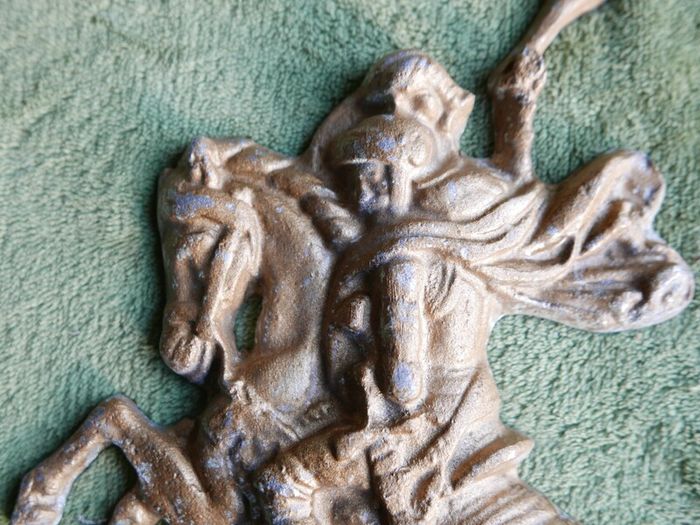 Vintage Aluminum Warrior Killing The Dragon Horseman Fighting With Dragon Reliev Figurine 9" X 7,5"