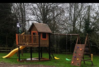 Pirate Ship tower with slide, swings, climbing