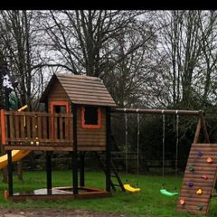 Pirate Ship tower with slide, swings, climbing