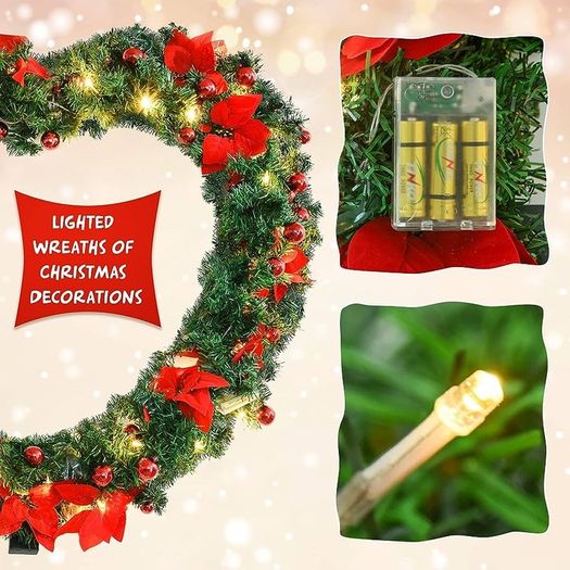 MASSIVE SALE 9FT Christmas Garland Decorations, 2.7M Wreath Garlands Decorations Xmas for Fireplaces Stairs, Christmas Garlands with Lights, Red Flower and Red Ball, Holiday, Wedding Party Decoration