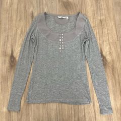 New Look Grey Ribbed Long Sleeve Top with Button Detail - Size 10