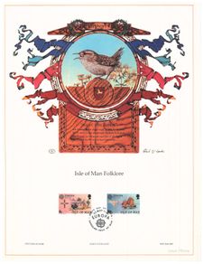 1981 Isle of Man Limited Edition Lithographed Print measuring 333mm X 257mm showing Europa Folklore Commemorative Stamps with First Day of Issue Cancel