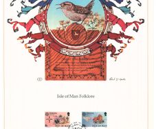 1981 Isle of Man Limited Edition Lithographed Print measuring 333mm X 257mm showing Europa Folklore Commemorative Stamps with First Day of Issue Cancel