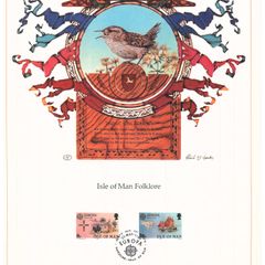 1981 Isle of Man Limited Edition Lithographed Print measuring 333mm X 257mm showing Europa Folklore Commemorative Stamps with First Day of Issue Cancel