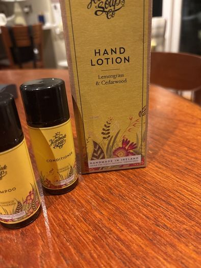 Brand New The Handmade Soap Company- Lemongrass and Cedarwood Hand Lotion and 2 Free Travel Size Shampoo and Conditioner