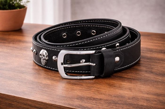 Unisex Black Skull Studded Leather Belt Punk Gothic Rock Leather Belt with Metal Skull & Rivets for Men Women