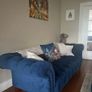 3 & 2 seater navy velvet chesterfield style couches with matching footstool with removable glass top Image 3