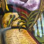 Vintage Framed Fantasy Painting of Mystical Figure With Book, Gecko & Moon Image 3
