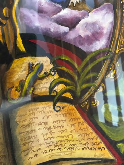 Vintage Framed Fantasy Painting of Mystical Figure With Book, Gecko & Moon