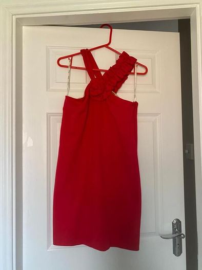 Stunning red shift dress with unusual neckline detail