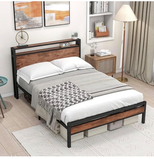 Double Bed Frame with Storage Headboard,Wooden Bed Frame Double Metal Platform Bed Frame No Box Spring Needed,Sturdy Metal Frame Base,Under Bed Storage,No Squeak,Easy Assembly for