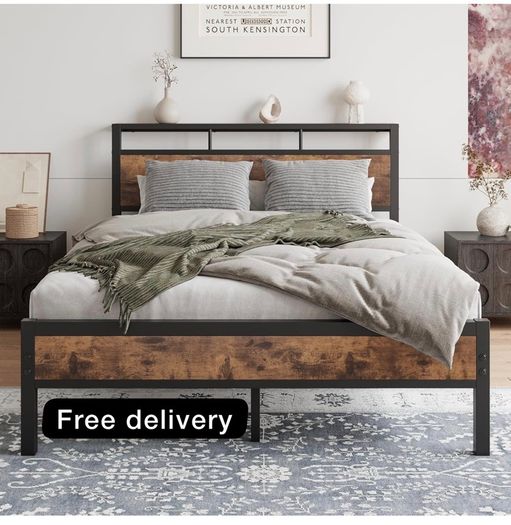 Double Bed Frame with Wooden Storage Shelf Headboard