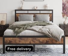 Double Bed Frame with Wooden Storage Shelf Headboard