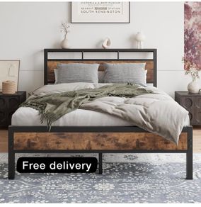 Double Bed Frame with Wooden Storage Shelf Headboard