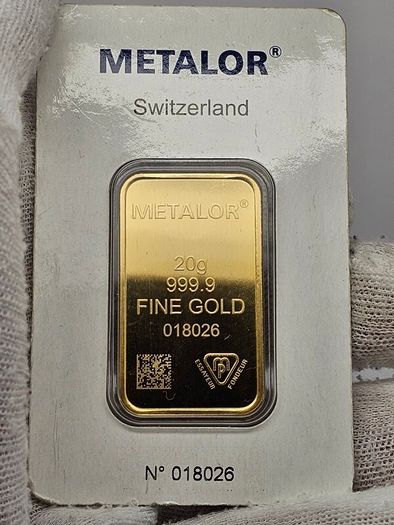 Metalor Switzerland 20 Grams 999.9 Gold Bar Sealed in Original Holder