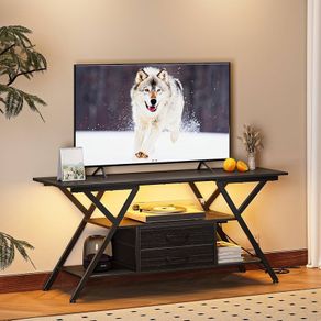55" TV Stand for TV up to 65 Inch TV Console with Power Outlet and LED Light TV Cabinet 2 Storage Fabric Drawers Entertainment Center for Bedroom Living Room (Black)