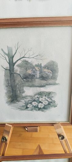 BY, F. Massa, Set Of 3 Vintage Framed watercoulored Drawings Prints Countryside