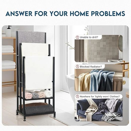 Free Standing Towel Rail, Towel Stand with 2 Storage Shelves, 3 Tier Towel Rack Free Standing, Freestanding Towel Rail for Bathroom & Bedroom, Black