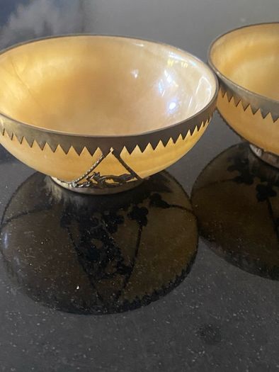 Pair of  beautiful Minnie Peters polished stone and  gilt metal matching dishes