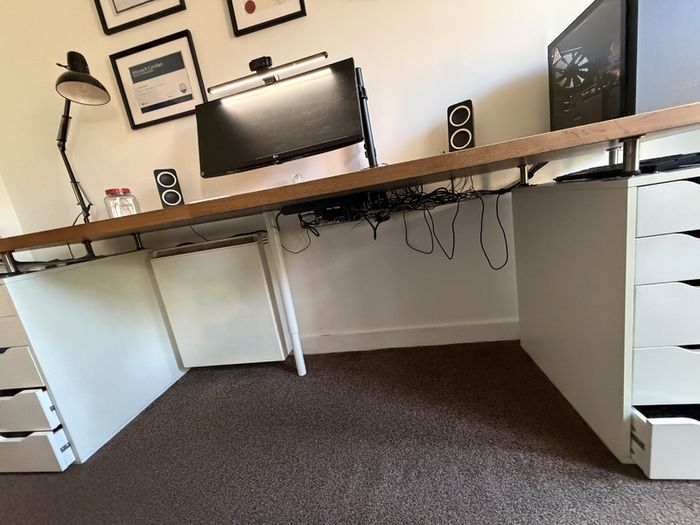 Large wooden desk with Ikea Alex drawers