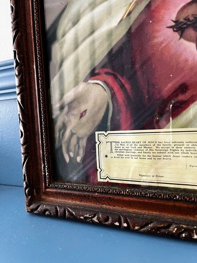 Antique Sacred Heart of Jesus Chromolithograph Framed c.1930s