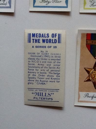 Full set of 25 Cigarette Cards. 'Medals of the World'. 'Mills Filtertips'