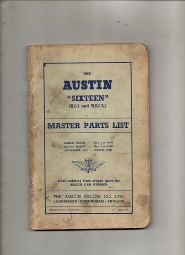 Austin "Sixteen" Master Parts List 1948