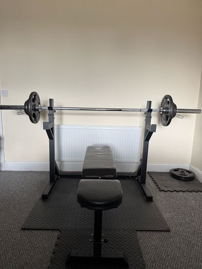 Bench press, squat rack, weights