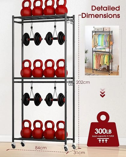 Clothes Rail  Clothes Rack with Shelves & Wheels, Multi-Functional Clothing Rail with Hooks, Sturdy Metal Garment Rack for Bedroom, Laundry, Balcony, 84cm / 31cm / 202cm, Black