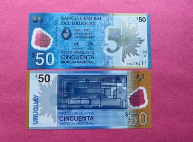 Uruguay 50 Uruguayos  1967 - 2017 Commemorative Issue  Pick 100a Polymer /plastic   ( Uncirculated )
