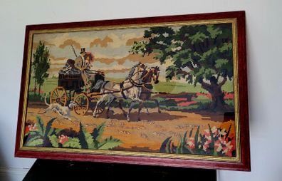 60s framed needlepoint wool tapestry