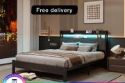King Size Bed Frames with 5ft Upholstered Wooden Two-shelf Storage Headboard, Charging Station,LED Lights, 150x200 cm Heavy Duty Metal Platform Bed Kingsize,No Box Spring Needed,Grey