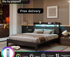 King Size Bed Frames with 5ft Upholstered Wooden Two-shelf Storage Headboard, Charging Station,LED Lights, 150x200 cm Heavy Duty Metal Platform Bed Kingsize,No Box Spring Needed,Grey