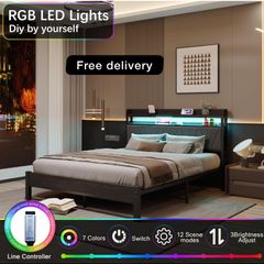King Size Bed Frames with 5ft Upholstered Wooden Two-shelf Storage Headboard, Charging Station,LED Lights, 150x200 cm Heavy Duty Metal Platform Bed Kingsize,No Box Spring Needed,Grey