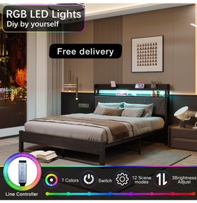King Size Bed Frames with 5ft Upholstered Wooden Two-shelf Storage Headboard, Charging Station,LED Lights, 150x200 cm Heavy Duty Metal Platform Bed Kingsize,No Box Spring Needed,Grey