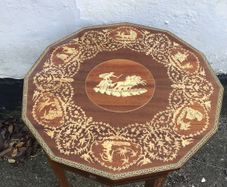 Mid Century Italian Ornate inlaid Chariot design music box  side table with hidden compartment.
