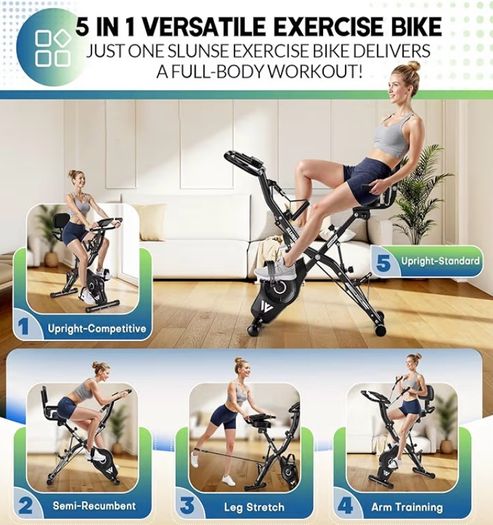 5-in-1 Quiet Folding Exercise Bikes for Home Use, 16 Level Adjustable Magnetic Resistance Foldable Stationary Exercise Bike, LCD Display with Heart Rate, 350LBS Capacity Comfort Seat