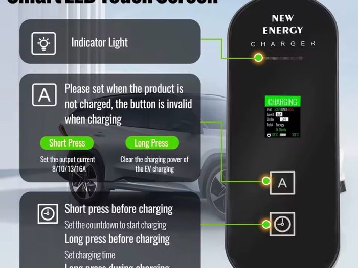 EV Portable Charger Type2 Connector 13A-16A 1Phase 3KW 5m Wallbox Charging Station for Electric Vehicle