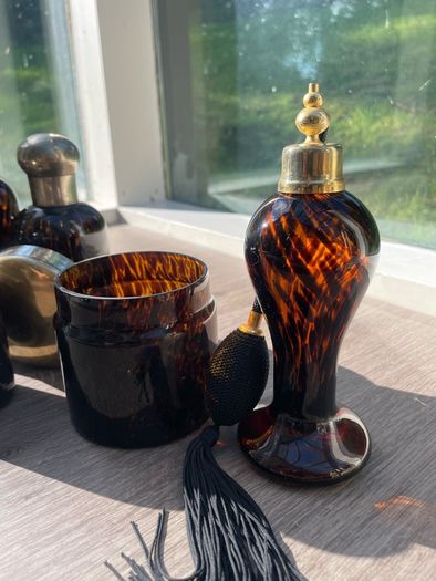 Vintage Amber Tortoiseshell Glass Dressing Table or Vanity Set of 6 Pieces