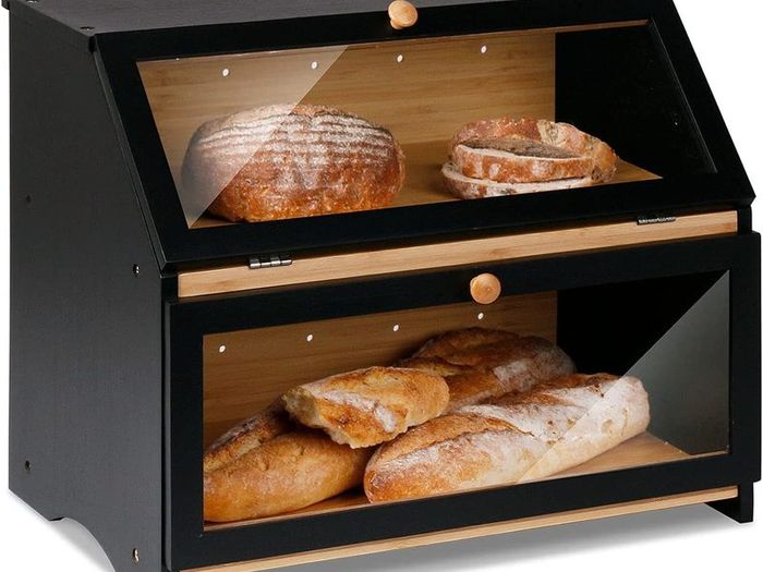 Double Decker Bamboo Bread Bin 2-Layer Bread Box for Kitchen Large Capacity Food Bread Storage Retro 39x25x32cm Black