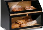 Double Decker Bamboo Bread Bin 2-Layer Bread Box for Kitchen Large Capacity Food Bread Storage Retro 39x25x32cm Black